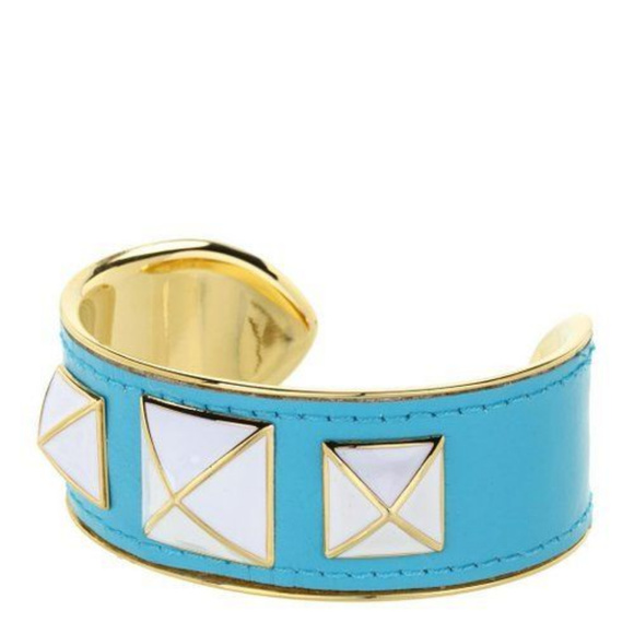 REBECCA MINKOFF LEATHER/ENAMEL CUFF BRACELET TURQUOISE LEATHER GOLD PLATED NWOT - Picture 3 of 3